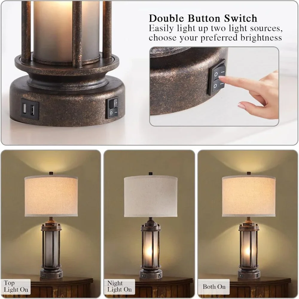 Set Of 2 Farmhouse Living Room Rustic Vintage Bedroom Nightstand Table Lamp